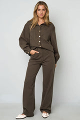 Woven Cotton Women's Straight Leg Pants Casual Solid Color